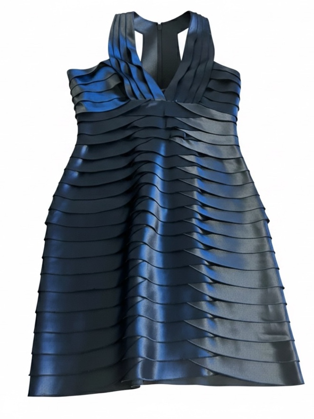 BCBGMAXAZRIA Navy Satin Tiered Fit Flare Cocktail Dress Size 8 Wedding Guest